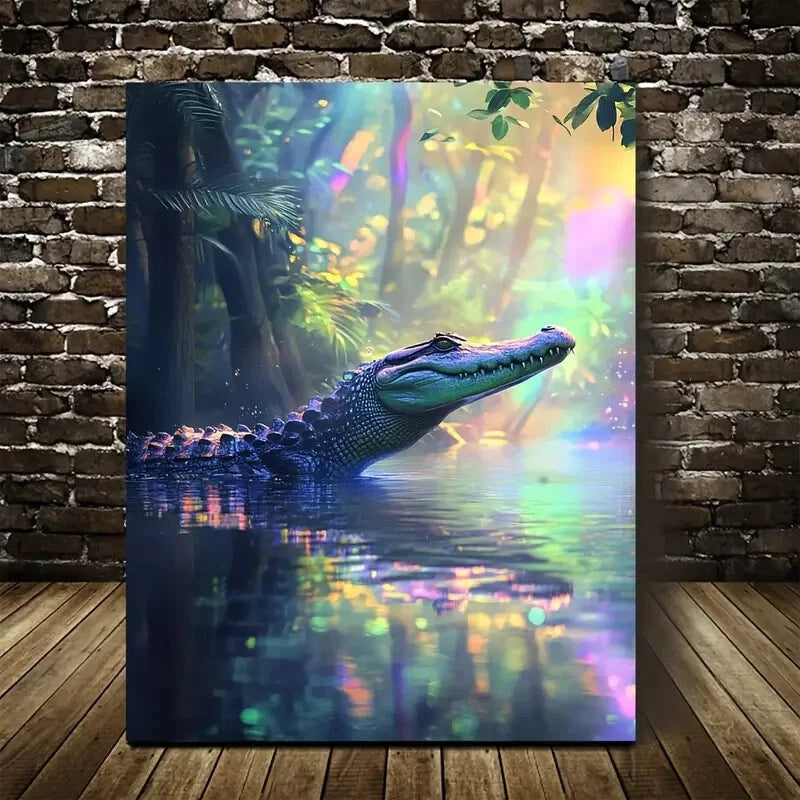 Crocodile in Water with Rainbow Reflections Painting 40x60cm Metal Print Ready to Hang - Bella Home Decor