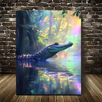 Crocodile in Water with Rainbow Reflections Painting 40x60cm Metal Print Ready to Hang - Bella Home Decor