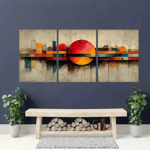 3pcs Abstract Red Orange Blue Gray Geometric Wall Art Canvas Unframed - High Quality Print 100% Australian Made Wall Canvas - Bella Home Decor