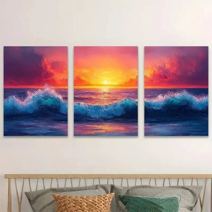3pcs Vibrant Sunset Over Crashing Ocean Waves Wall Art Set Canvas Framed 40x60cm - High Quality Print 100% Australian Made Wall Canvas Ready to Hang - Bella Home Decor