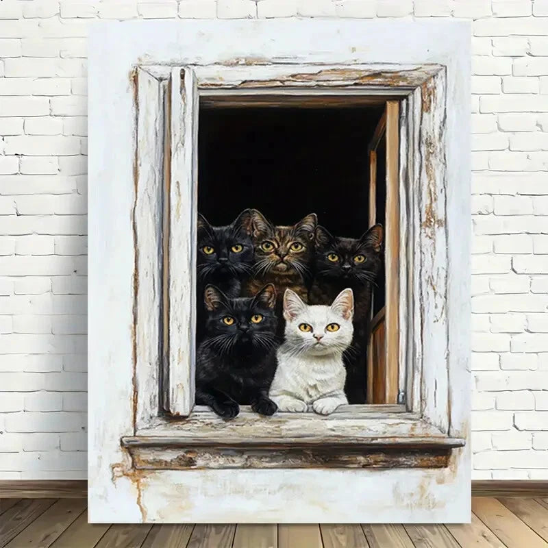 Beautiful Whimsical Cat Window Scene Painting 40x60cm Metal Print Ready to Hang - Bella Home Decor