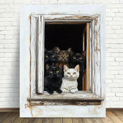 Beautiful Whimsical Cat Window Scene Painting 40x60cm Metal Print Ready to Hang - Bella Home Decor