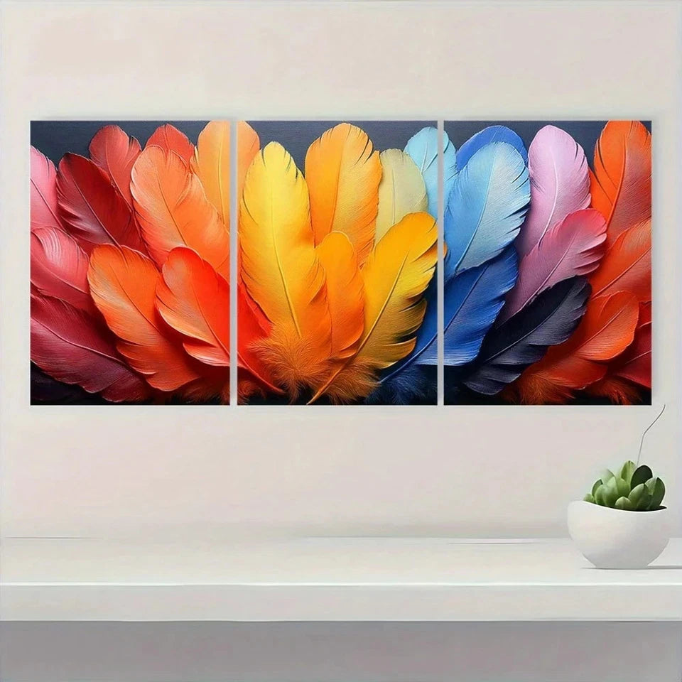 3pcs Rainbow Feathers Abstract Painting Metal Print Ready to Hang Art - Bella Home Decor