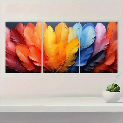 3pcs Rainbow Feathers Abstract Painting Metal Print Ready to Hang Art - Bella Home Decor