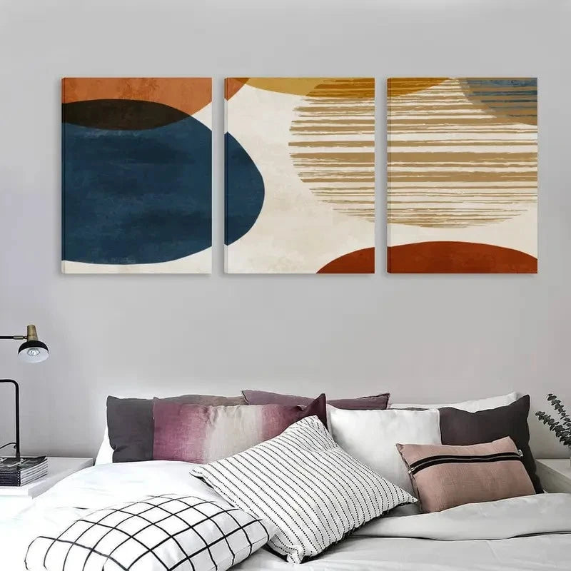 3pcs Abstract Blue And Orange Geometric Shapes Wall Art Set Canvas Framed 60x90cm - High Quality Print 100% Australian Made Wall Canvas Ready to Hang - Bella Home Decor
