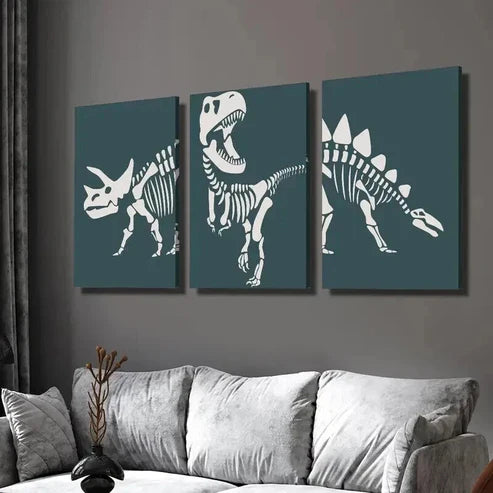 3pcs Dinosaur Triceratops Skeleton Outline Wall Art Set Canvas Unframed - High Quality Print 100% Australian Made Wall Canvas - Bella Home Decor