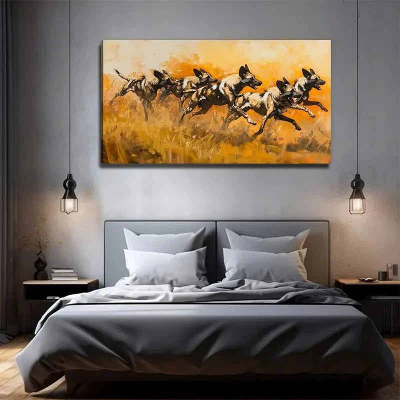 Running Wild Dogs In Golden Wall Art Canvas Office Home Room Framed 120x60cm