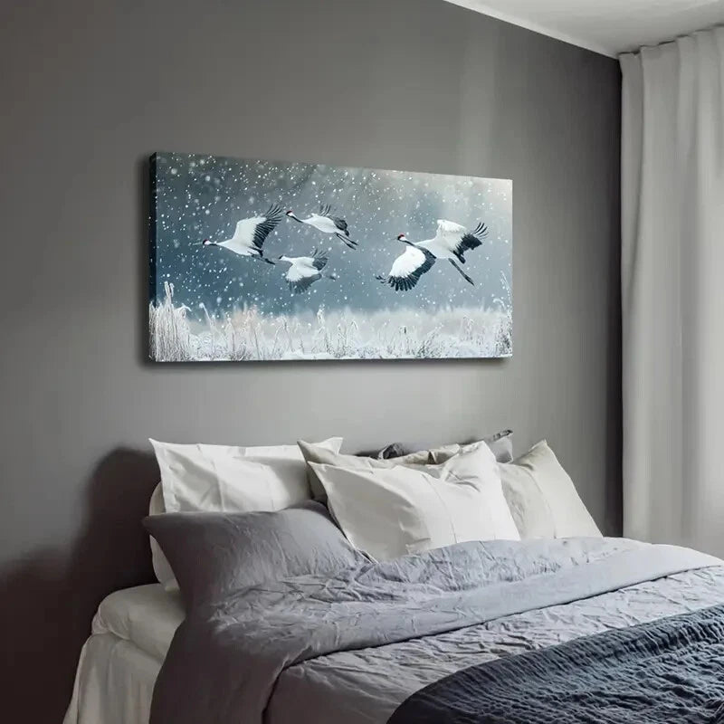 Majestic Cranes Soaringc Snowy Wall Art Canvas Office Home Room Framed 120x60cm - Bella Home Decor