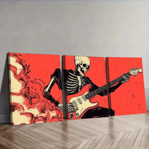 3pcs A skeleton playing an electric guitar Wall Art Set Canvas Unframed - High Quality Print 100% Australian Made Wall Canvas - Bella Home Decor