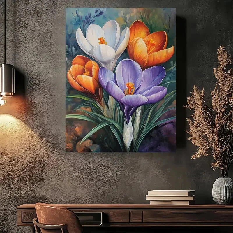 Beautiful Spring Crocus Bloom Vintage Painting 40x60cm Metal Print Ready to Hang - Bella Home Decor