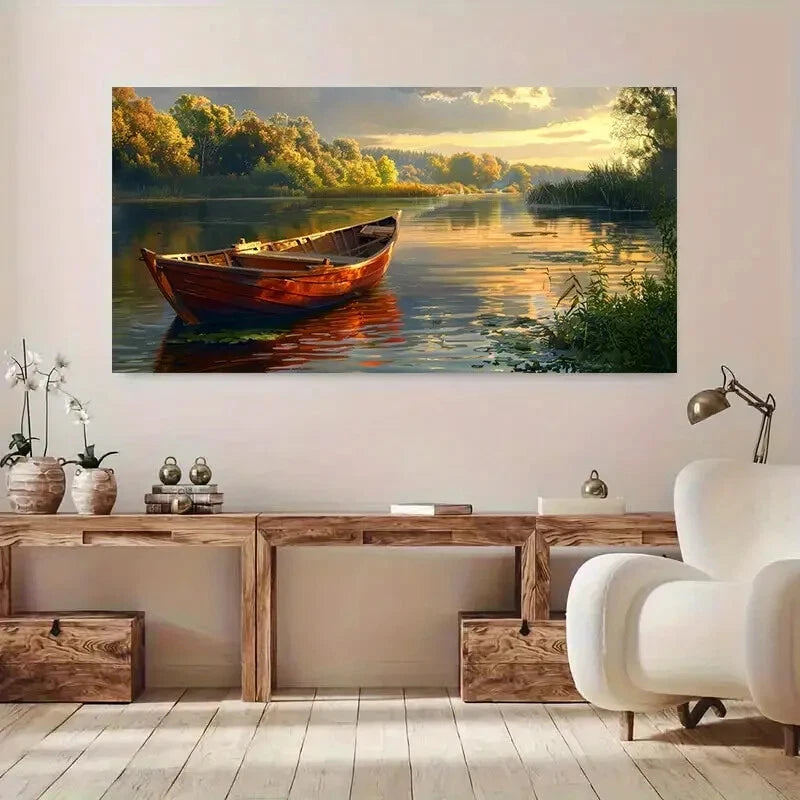River sunset  lonely boat   wall canvas office home room framed 120x60cm - Bella Home Decor
