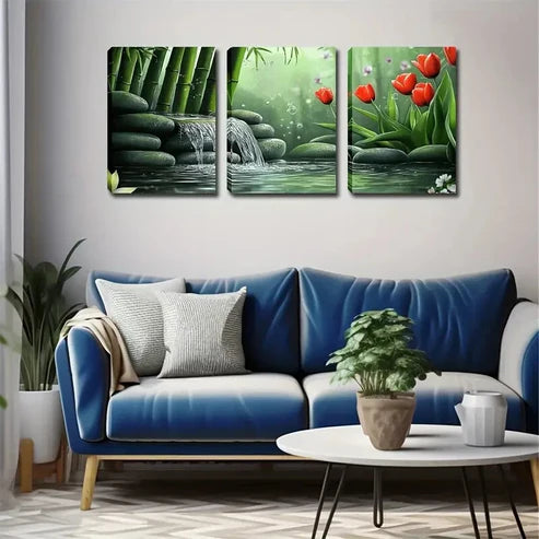 3pcs stone Waterfall Oriental garden style Wall Art Set Canvas Unframed - High Quality Print 100% Australian Made Wall Canvas