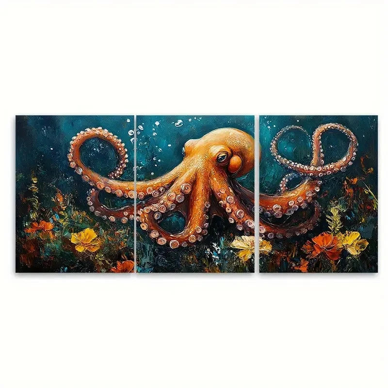 3pcs Underwater Scene with Orange Octopus ui  Wall Art Set Canvas Framed 50x70cm - High Quality Print 100% Australian Made Wall Canvas Ready to Hang - Bella Home Decor