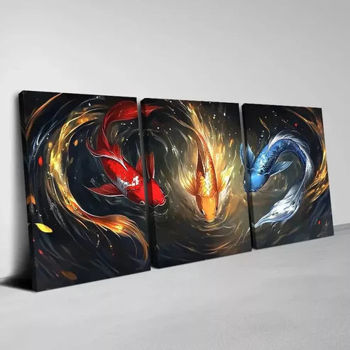 3pcs Beautiful Red Golden Blue Koi Swimming Wall Art Canvas Unframed - High Quality Print 100% Australian Made Wall Canvas - Bella Home Decor
