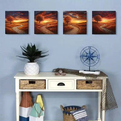 4pcsAutumn Tree Field Wall Art Canvas Framed