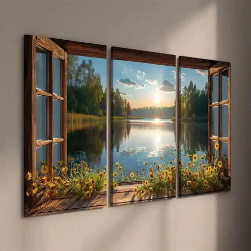 3pcs Flowers and Lake Scenery in the Sunset Wall Art Set Canvas Unframed - High Quality Print 100% Australian Made Wall Canvas - Bella Home Decor