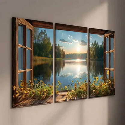 3pcs Flowers and Lake Scenery in the Sunset Wall Art Set Canvas Unframed - High Quality Print 100% Australian Made Wall Canvas - Bella Home Decor