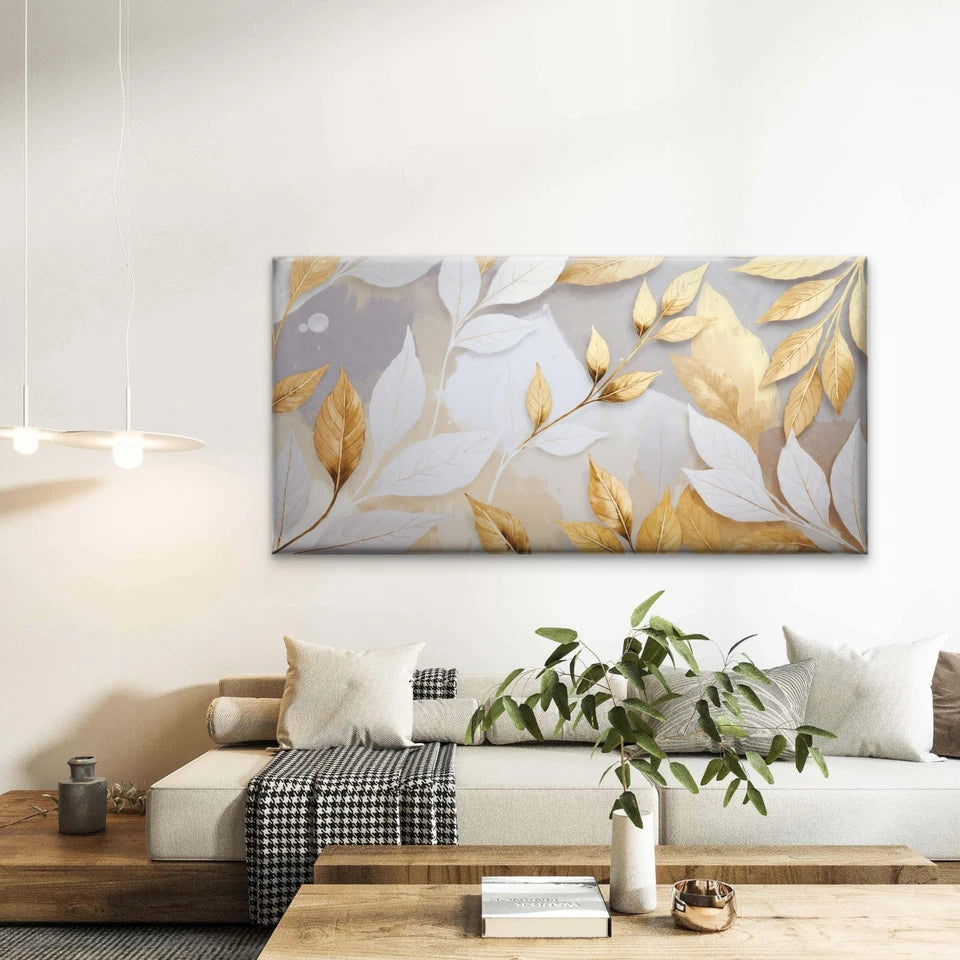 Golden Abstract Leaf Texture Wall Art Canvas Office Home Room Framed 120x60cm - Bella Home Decor