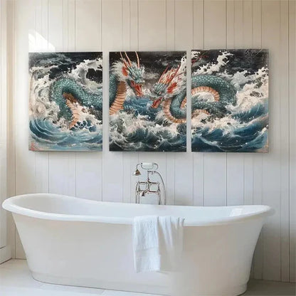3pcs Mythical Ocean Serpent Stormy Waves Perfect Wall Art Canvas Unframed - High Quality Print 100% Australian Made Wall Canvas