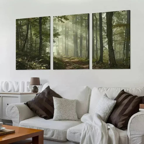 3pcs Classic Style Green Fall Forest Sun Rays Canvas Unframed - High Quality Print 100% Australian Made Wall Canvas - Bella Home Decor