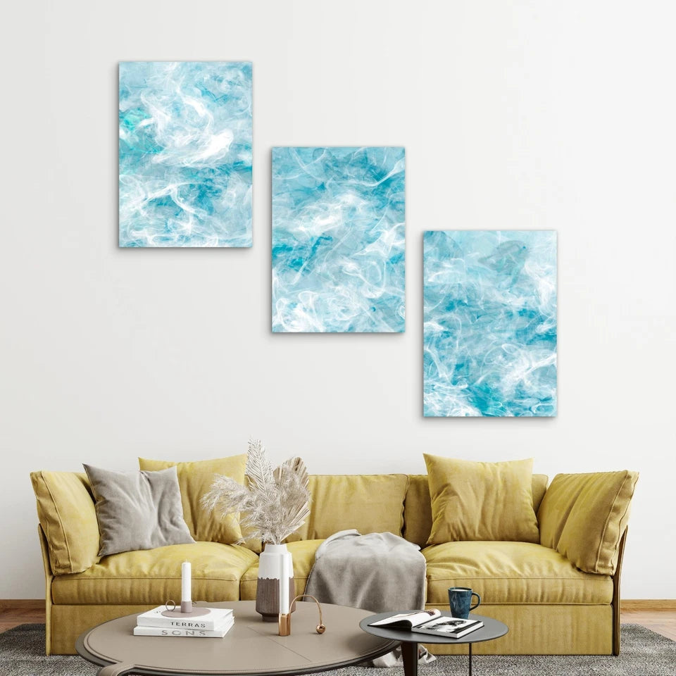 3pcs Smoke Texture Blue Abstract Design Metal Print Ready to Hang Art