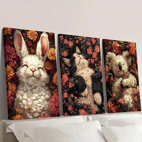 3pcs Rabbit Cat & Koala Sleeping on Flowers Wall Art Canvas Unframed - High Quality Print 100% Australian Made Wall Canvas