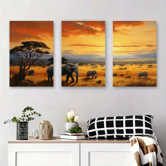 3pcs Majestic Elephants in African Wall Art Set Canvas Framed 60x90cm - High Quality Print 100% Australian Made Wall Canvas Ready to Hang
