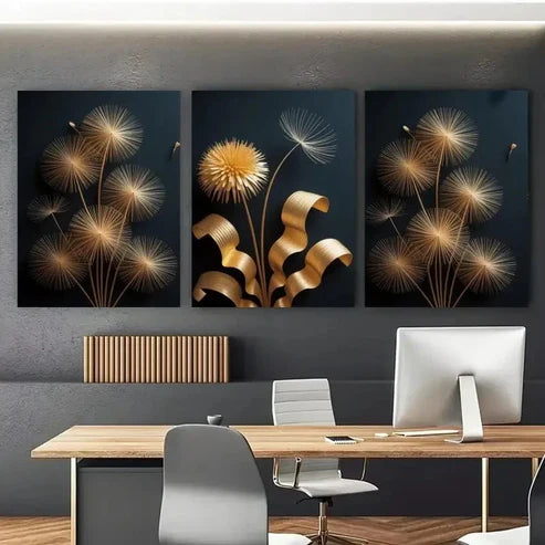 3pcs Dandelion, Golden Leaves Wall Art Set Canvas Unframed – High Quality Print 100% Australian Made Wall Canvas - Bella Home Decor
