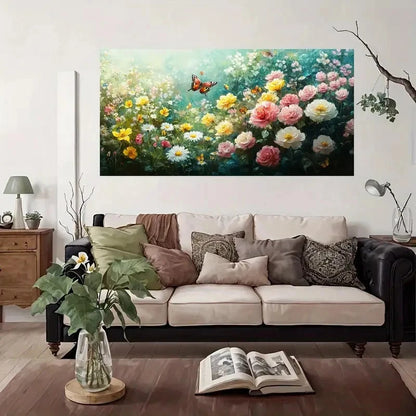 Floral Garden With Butterflies Wall Art Canvas Office Home Room Framed 120x60cm
