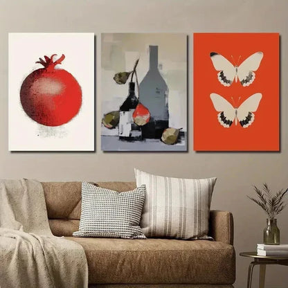 3pcs Vintage Pomegranate Wine Bottle & Butterfly Wall Art Set Canvas Unframed - High Quality Print 100% Australian Made Wall Canvas
