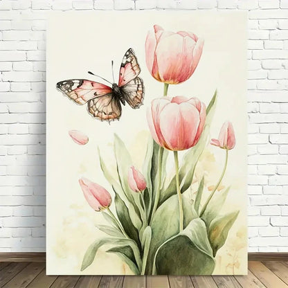 Beautiful Spring Tulips And Butterfly Painting 40x60cm Metal Print Ready to Hang - Bella Home Decor