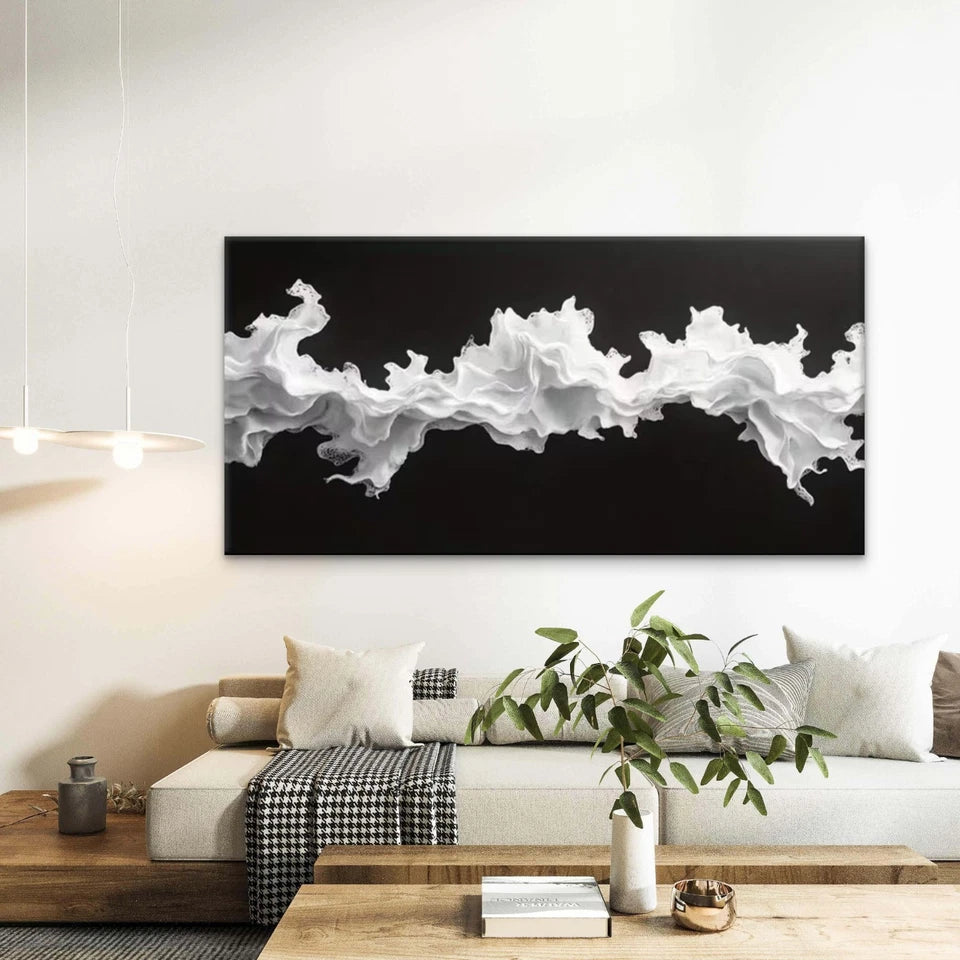 Black & White Abstract Waves Wall Art Canvas Office Home Room Framed 120x60cm