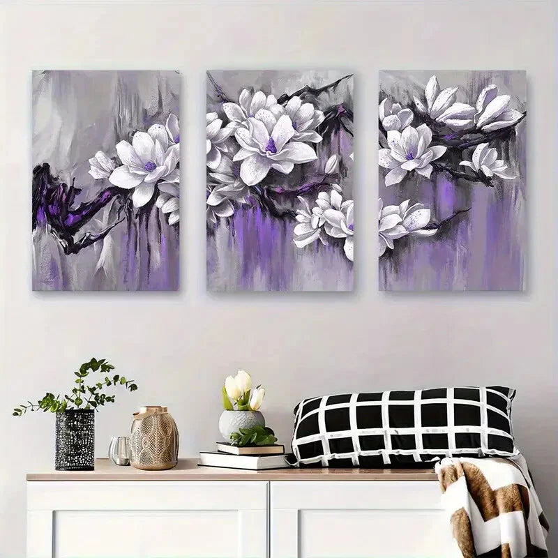 3pcs Purple Magnolia Flowers Blossoms Perfect Wall Art Set Canvas Framed 40x60cm - High Quality Print 100% Australian Made Wall Canvas Ready to Hang - Bella Home Decor