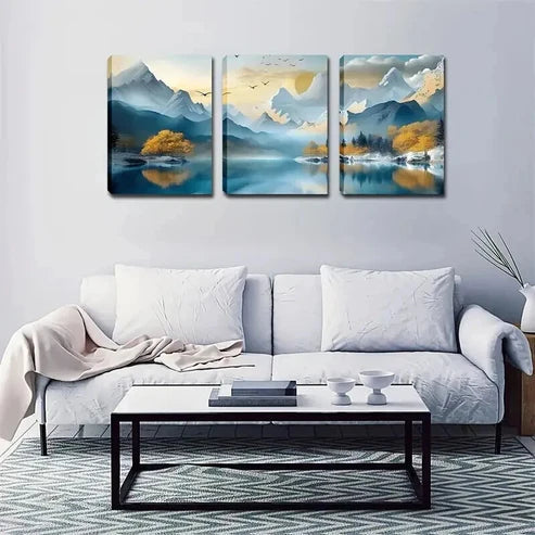 3pcs Mountains & Serene Lakeside Landscape   Wall Art Canvas Unframed - High Quality Print 100% Australian Made Wall Canvas  Wall Art Canvas Unframed - High Quality Print 100% Australian Made Wall Canvas