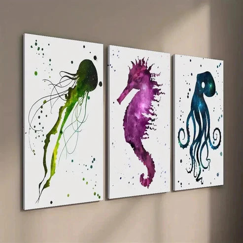 3pcs Colorful Starry Sky with Jellyfish Seahorse Wall Art Set Canvas Unframed - High Quality Print 100% Australian Made Wall Canvas - Bella Home Decor