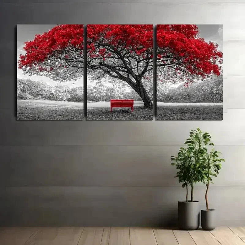 3pcs Rustic Red Tree Black and White Metal Print Ready to Hang Art - Bella Home Decor