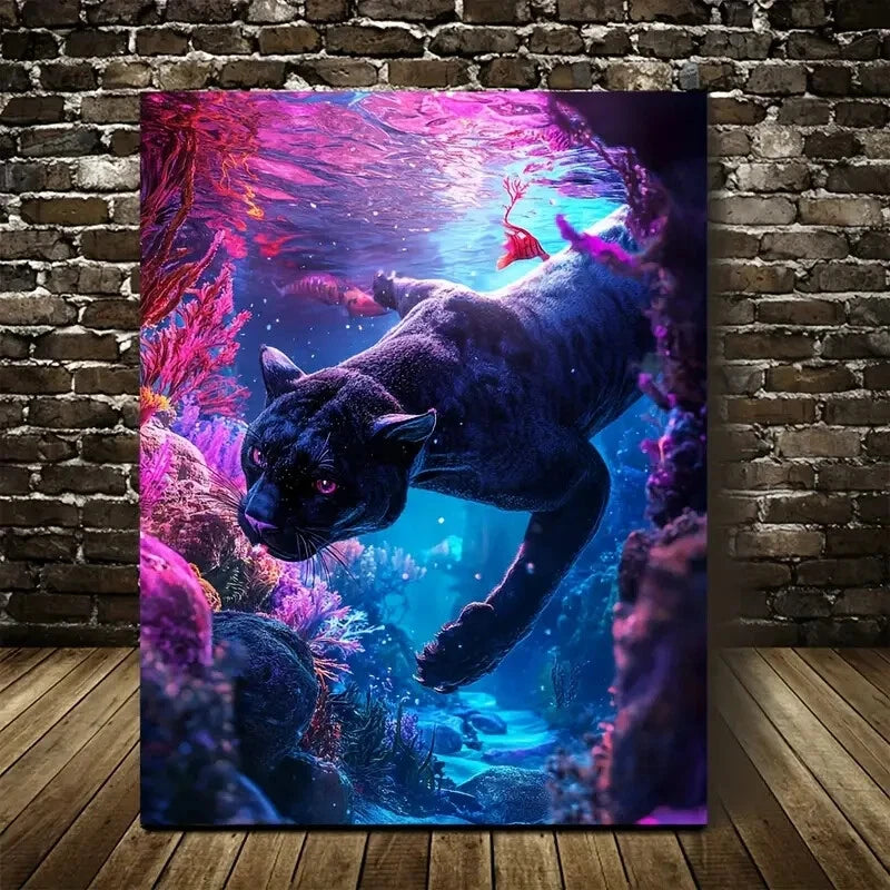 Fantasy Panther Underwater Coral Reef Painting  40x60cm Metal Print Ready to Hang - Bella Home Decor