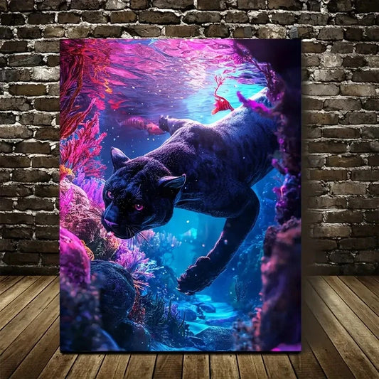 Fantasy Panther Underwater Coral Reef Painting  40x60cm Metal Print Ready to Hang - Bella Home Decor