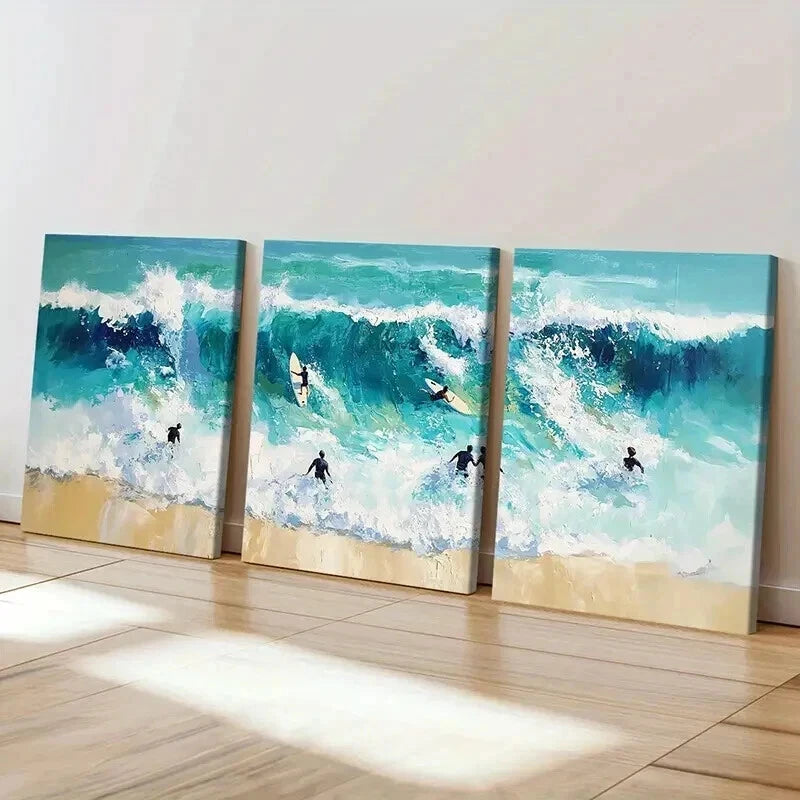 3pcs Vibrant Sea Landscape with Surfers Wall Art Set Canvas Framed 40x60cm - High Quality Print 100% Australian Made Wall Canvas Ready to Hang - Bella Home Decor