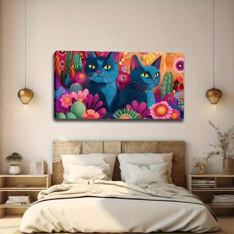 Abstract Blue Cats Colorful Wall Art Canvas Office Home Room Framed 120x60cm