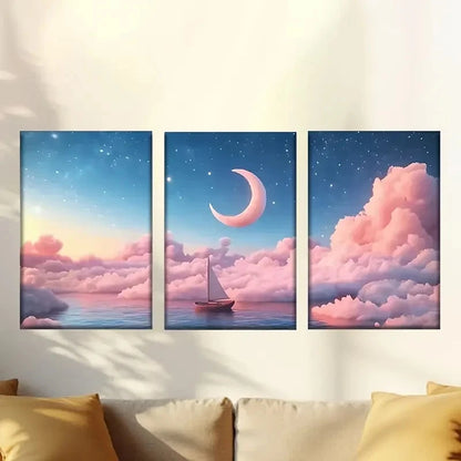 3pcs Serene Ocean Scene with Sailboat Crescent Wall Art Set Canvas Framed 60x90cm - High Quality Print 100% Australian Made Wall Canvas Ready to Hang