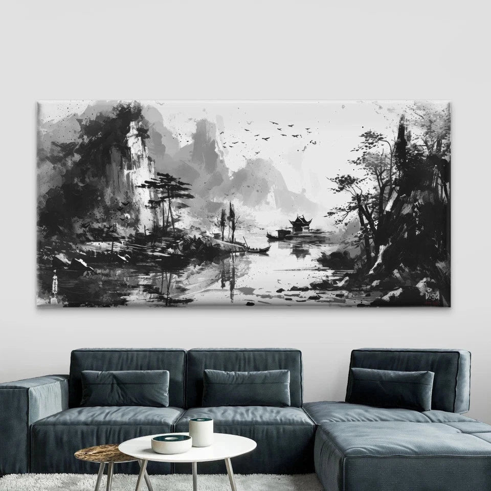 Chinese Ink Wash Style Landscap Wall Art Canvas Office Home Room Framed 120x60cm