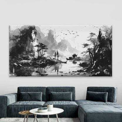 Chinese Ink Wash Style Landscap Wall Art Canvas Office Home Room Framed 120x60cm