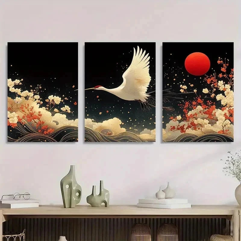 3pcs Japanese Crane Elegant Sakura Perfect Wall Art Set Canvas Framed 50x70cm - High Quality Print 100% Australian Made Wall Canvas Ready to Hang