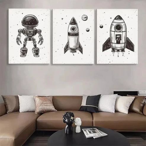3pcs Retro Space Rocket & Astronaut Wall Art Canvas Unframed - High Quality Print 100% Australian Made Wall Canvas