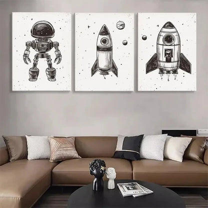 3pcs Retro Space Rocket & Astronaut Wall Art Canvas Unframed - High Quality Print 100% Australian Made Wall Canvas