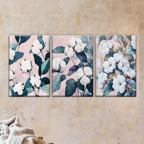 3pcs Elegant White Flower & Green Leaves Wall Art Set Canvas Unframed - High Quality Print 100% Australian Made Wall Canvas - Bella Home Decor