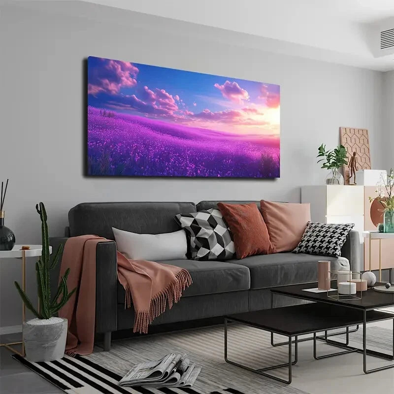 Vibrant Lavender Field Sunset Wall Art Canvas Office Home Room Framed 120x60cm - Bella Home Decor