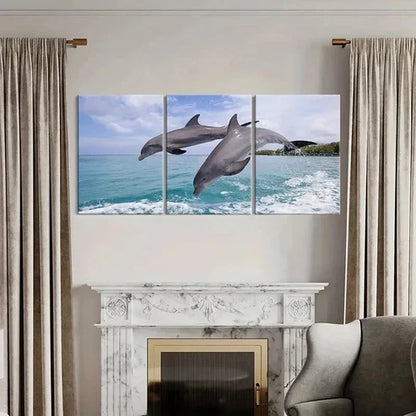3pcs Dolphins Jumping Out Of The Sea Wall Art Canvas Unframed - High Quality Print 100% Australian Made Wall Canvas - Bella Home Decor