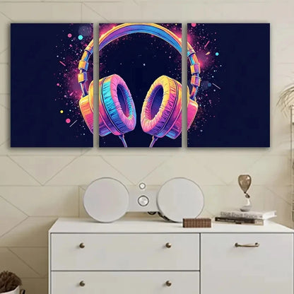 3pcs Vibrant Headphone Canvas Art Wall Art Set Canvas Framed 50x70cm - High Quality Print 100% Australian Made Wall Canvas Ready to Hang